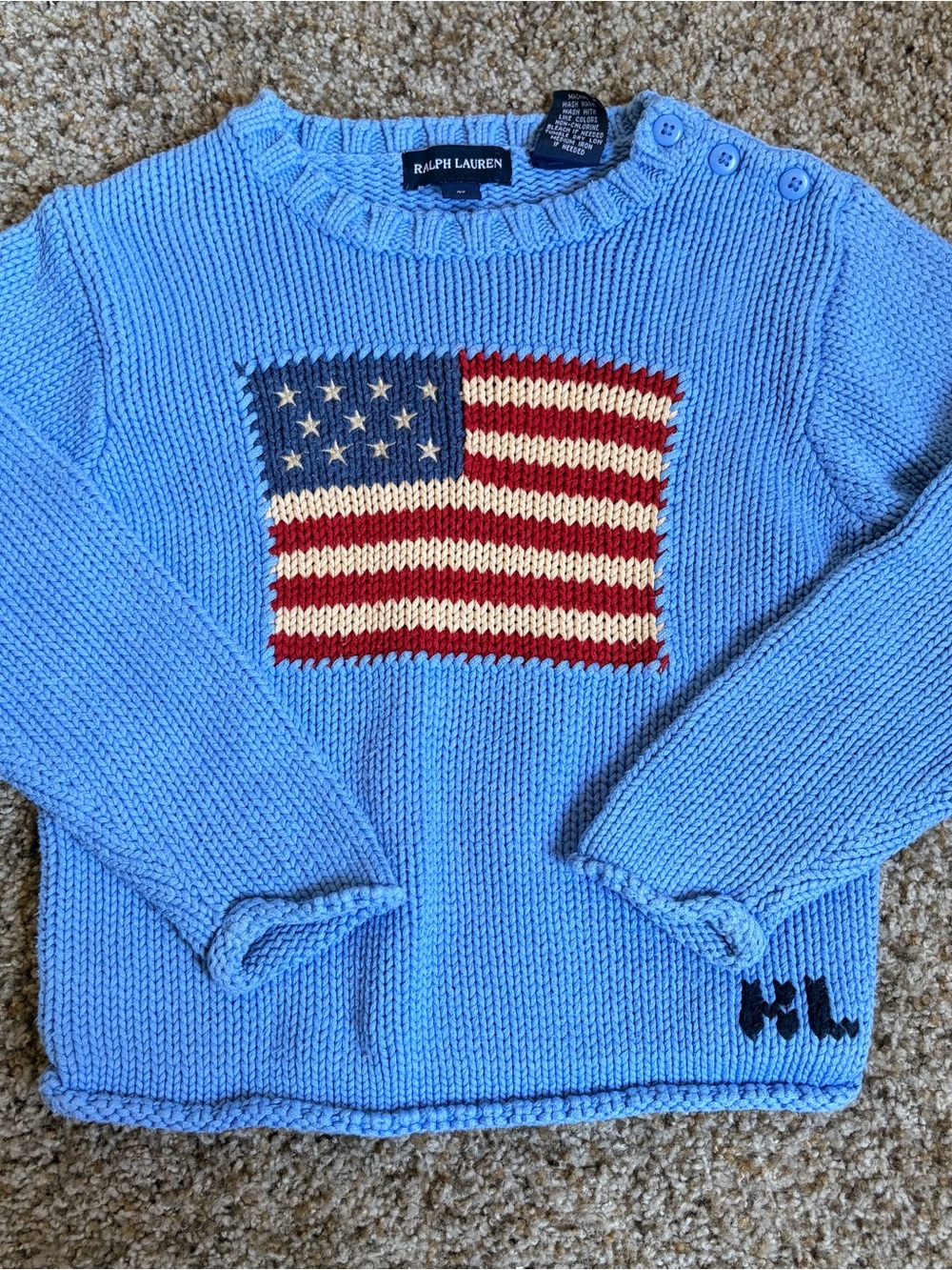 Ralph Lauren Light Blue American Flag Crewneck Sweater - Kids